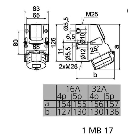 CEE wall socket 32A 5P 400V IP44 126x83 - B001011