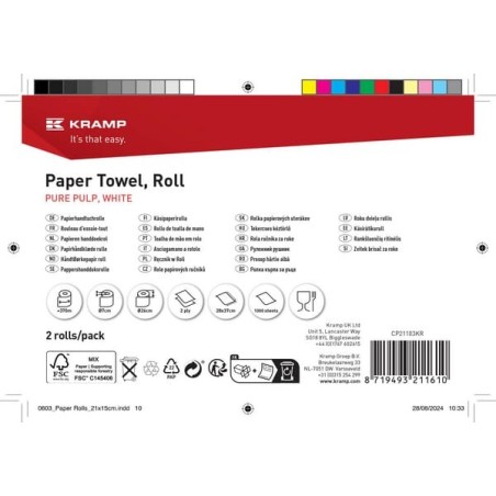 Ręcznik papierowy, biały w rolce, 28 cm x 370 m, 2-warstwowy, średnica zewnętrzna 300 mm, 2 rolki - CP21103KR