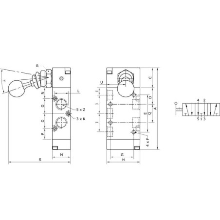 Lever valve 5/3-hand 1/4 inch - MAL53B14OC