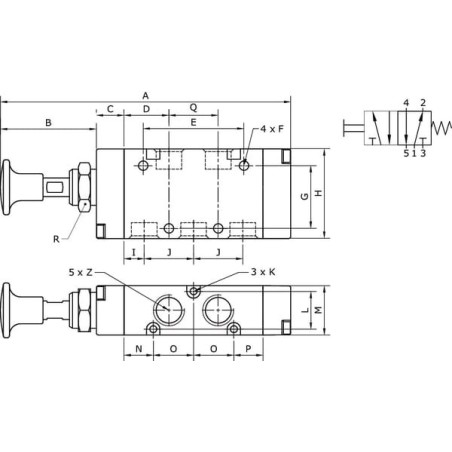 Lever valve 5/2-button 1/4 inch - MAB52M14