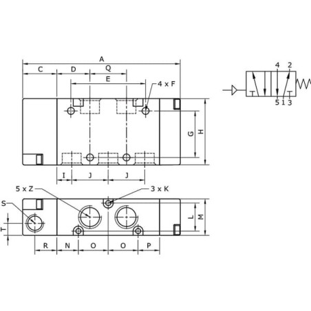 Valve, 5/2 air piloted 1/4 inch - PV52M14