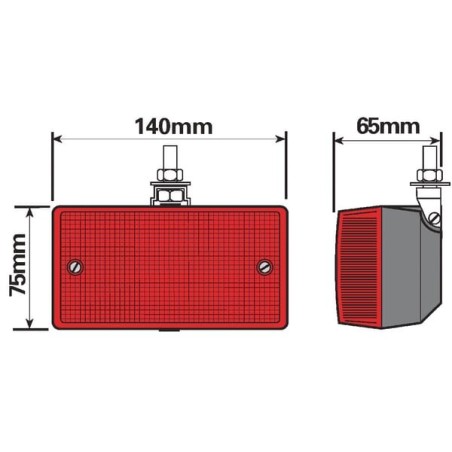 Fog light rectangular, red, bolt on, 140x - TOR4520
