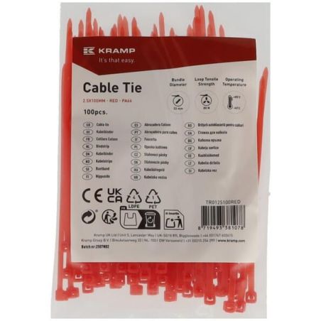 Cable tie 2.5x100mm, red, 100pcs - TR0125100RED