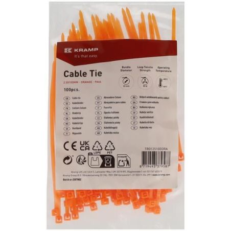 Cable tie 2.5x100mm, orange, 100pcs - TR0125100ORA