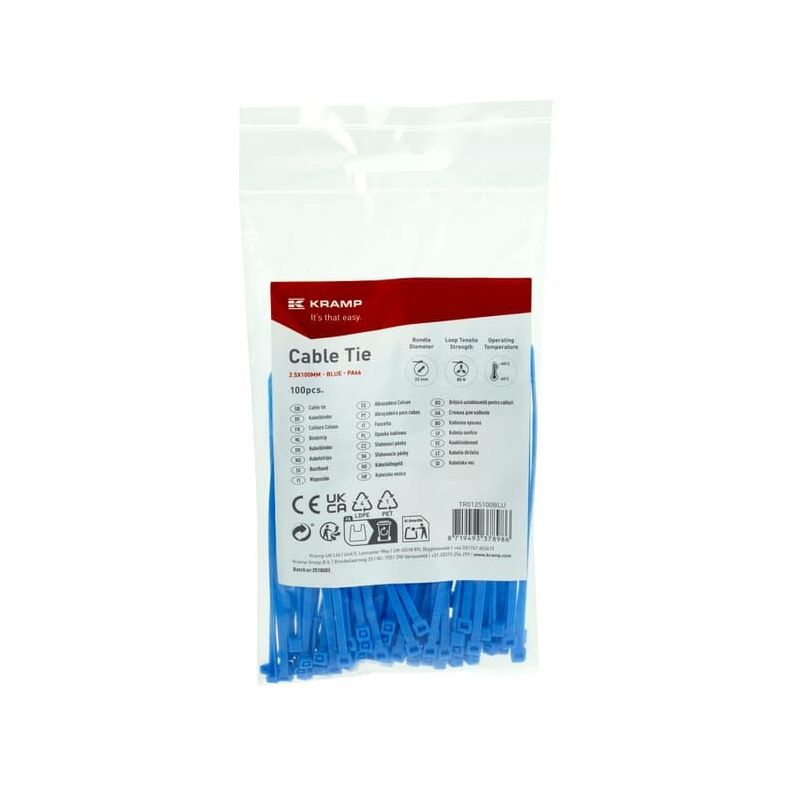 Cable tie 2.5x100mm, blue, 100pcs - TR0125100BLU